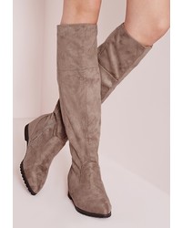 Missguided Pointed Toe Hidden Wedge Long Boots Taupe