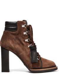 Tod's Lace Up Leather Trimmed Suede Ankle Boots Tan