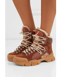 Gucci Flashtrek Faux Med Suede Leather And Printed  Canvas Boots