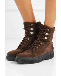 Tod's Lace Up Shearling Lined Suede Ankle Boots