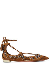 Aquazzura Christy Folk Embroidered Suede Point Toe Flats Tan