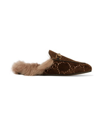 Gucci Princetown Horsebit Detailed Shearling Lined Logo Jacquard Slippers