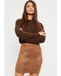 Missguided Brown Faux Suede Double Zip Front Mini Skirt