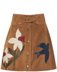 RED Valentino Suede Macroflower Embroidered Skirt