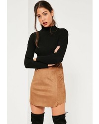 Missguided Tan Faux Suede Curve Hem Mini Skirt