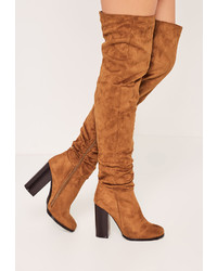 Missguided Tan Rouched Over The Knee Boots