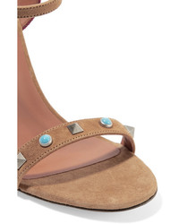 Valentino Rockstud Rolling Fringed Suede Sandals Tan