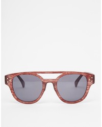 Asos Brand Rounded Aviator Sunglasses In Wood Effect