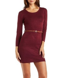 Belted Crew Neck Sweater Dress
