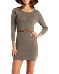 Belted Crew Neck Sweater Dress