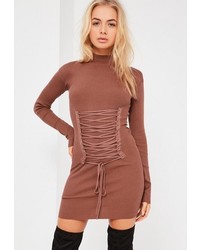 Missguided Brown Corset Lace Up Mini Sweater Dress