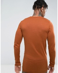 Asos Longline Muscle Fit Sweater In Dark Tan