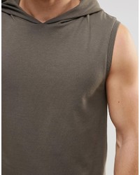 Asos Brand Muscle Sleeveless T Shirt With Hood In Khaki