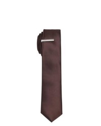 Skinny Tie Madness Solid Brown Skinny Tie With Tie Clip