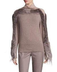 Agnona Fur Sleeve Cashmere Turtleneck Sweater