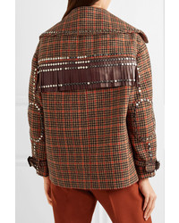 Prada Leather Trimmed Studded Checked Wool Blend Tweed Jacket