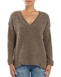 Three Dots Frayed Trimmed V Neck Sweater