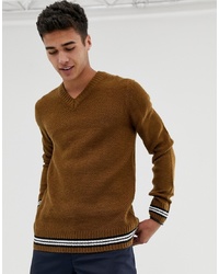 New Look V Neck Jumper With Tipping Detail In Tan
