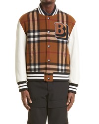 Burberry Felton B Logo Check Wool Blend Varsity Jacket In Dark Birch Brown Chk At Nordstrom