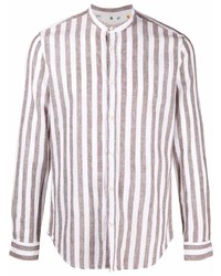 Brown Vertical Striped Linen Long Sleeve Shirt
