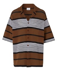 Brown Vertical Striped Mesh Short Sleeve Shirt
