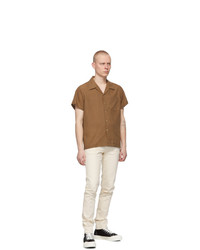 Naked and Famous Denim Brown Striped Easy Care Twill Short Sleeve Shirt