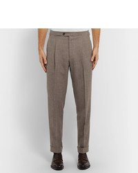 Saman Amel Taupe Tapered Pleated Mlange Wool Silk And Linen Blend Suit Trousers