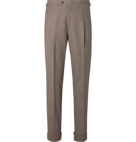 Saman Amel Taupe Tapered Pleated Mlange Wool Silk And Linen Blend