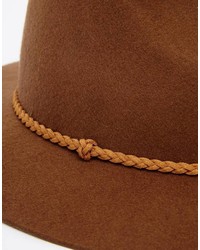 Asos Brand Fedora Hat In Brown Felt With Braid Band