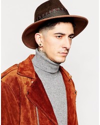 Asos Brand Wide Brim Fedora Hat In Brown Felt With Geo Tribal Print Band