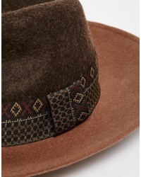 Asos Brand Wide Brim Fedora Hat In Brown Felt With Geo Tribal Print Band