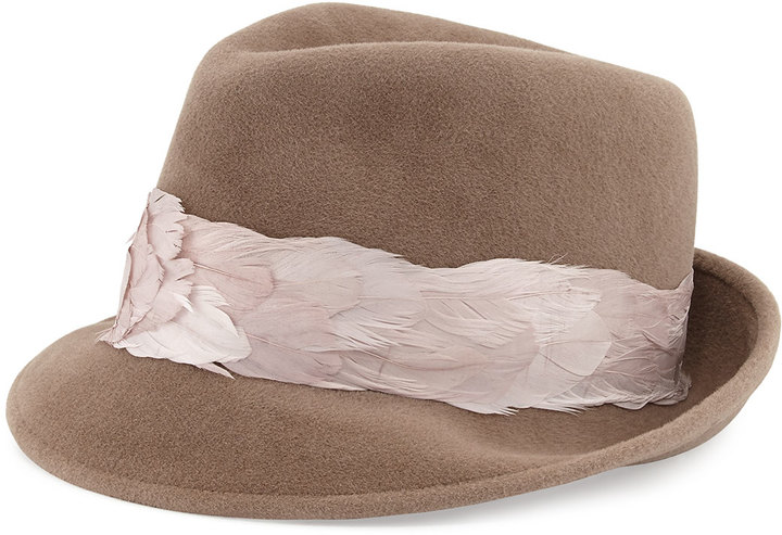 Coffee Tan Fancy Feather Wool Felt Slanted Hats - Sun Yorkos