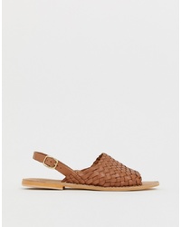 Brown Woven Leather Flat Sandals