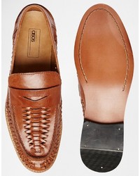 Asos Brand Penny Loafers In Woven Tan Leather