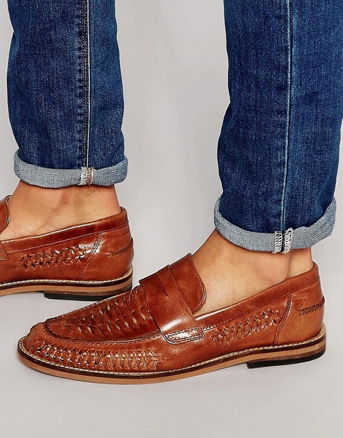 Asos Brand Penny Loafers In Woven Tan 
