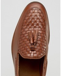 Asos Loafers In Tan Leather With Woven Detail