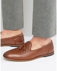 Asos Loafers In Tan Leather With Woven Detail