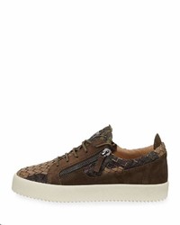Giuseppe Zanotti Camo Woven Leather Suede Low Top Sneaker Olive