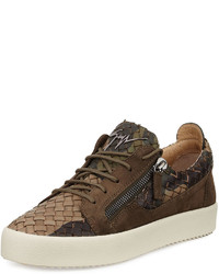 Giuseppe Zanotti Camo Woven Leather Suede Low Top Sneaker Olive