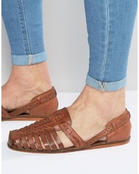 Asos Brand Woven Sandals In Tan Leather