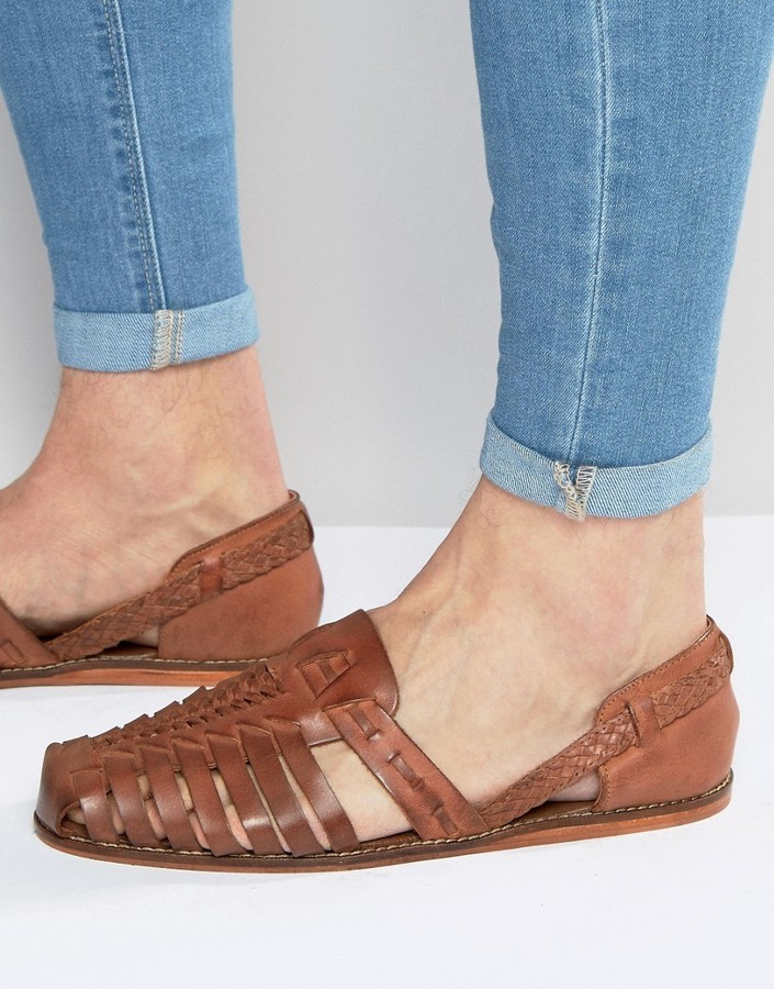 Asos Brand Woven Sandals In Tan Leather 