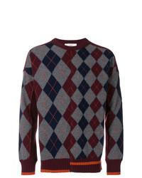 Burgundy Argyle Crew-neck Sweater with Blue Ripped Jeans Outfits For ...