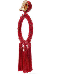 Oscar de la Renta Tasseled Beaded Clip Earrings Burgundy