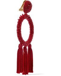 Oscar de la Renta Tasseled Beaded Clip Earrings Burgundy