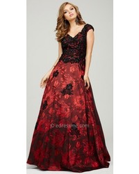 Jovani Brocade Lace Cap Sleeve Ball Gown