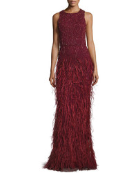 Alice + Olivia Sleeveless Beaded Feather Gown Bordeaux