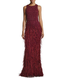 Alice + Olivia Sleeveless Beaded Feather Gown Bordeaux