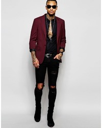 Asos Brand Skinny Suit Jacket In Burgundy