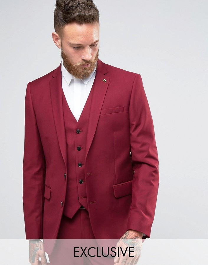 bright burgundy suit