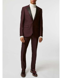 Topman Burgundy Crepe Skinny Fit Tuxedo Jacket With Contrast Lapel